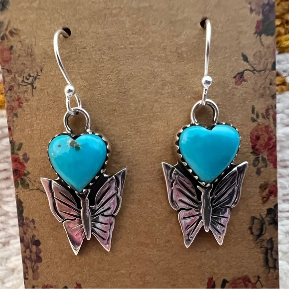 ❤️ Heart Shaped Kingman Turquoise 925 Navajo Butterfly Dangle Earrings 1.38”L - Picture 3 of 12